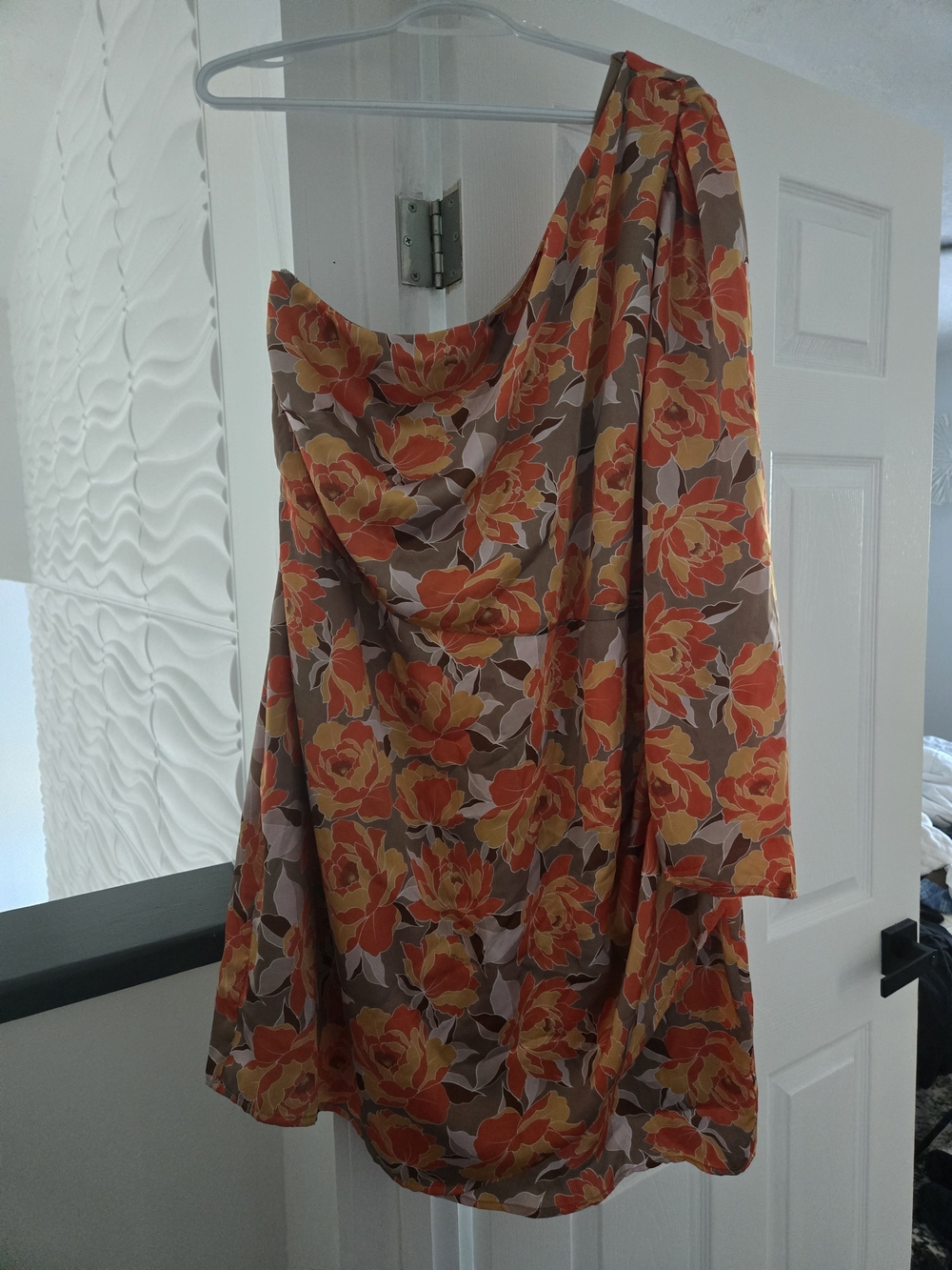 Floral Orange and Brown One-Shoulder Women's Dress 1x